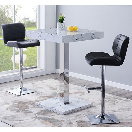 Read more about Topaz vida marble effect gloss bar table 2 candid black stool