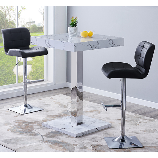 Product photograph of Topaz Vida Marble Effect Gloss Bar Table 2 Candid Black Stool from Furniture in Fashion