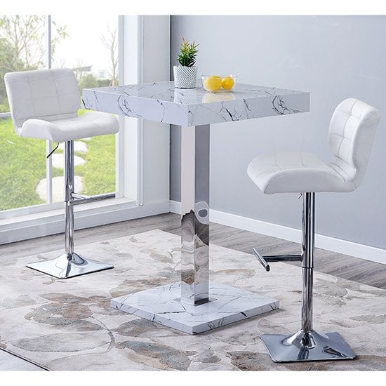 Product photograph of Palmero Vida Marble Effect Gloss Bar Table 2 Candid White Stool from Furniture in Fashion