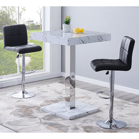 Product photograph of Topaz Vida Marble Effect Gloss Bar Table 2 Coco Black Stools from Furniture in Fashion