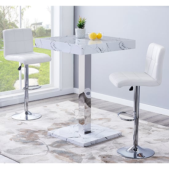 Product photograph of Topaz Vida Marble Effect Gloss Bar Table 2 Coco White Stools from Furniture in Fashion