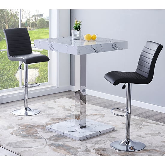 Product photograph of Topaz Vida Marble Effect Gloss Bar Table 2 Ripple Black Stool from Furniture in Fashion