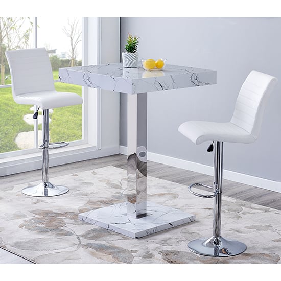 Topaz Vida Marble Effect Gloss Bar Table 2 Ripple White Stool