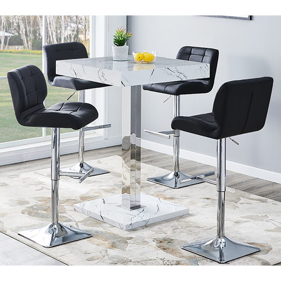 Product photograph of Topaz Vida Marble Effect Bar Table 4 Candid Black Stools from Furniture in Fashion