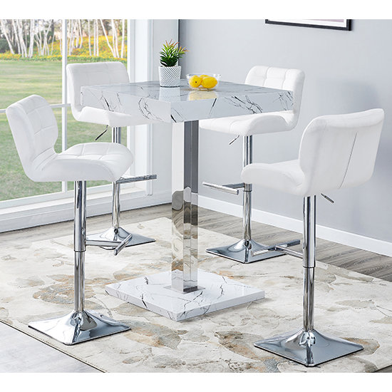 Read more about Topaz vida marble effect gloss bar table 4 candid white stools