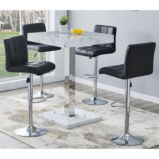 Product photograph of Topaz Vida Marble Effect Gloss Bar Table 4 Coco Black Stools from Furniture in Fashion