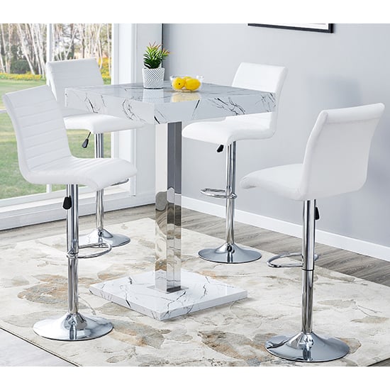 Product photograph of Topaz Vida Marble Effect Bar Table 4 Ripple White Stools from Furniture in Fashion