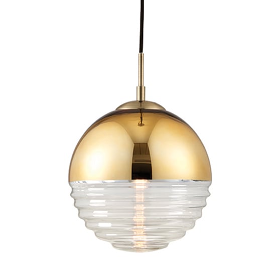 Product photograph of Paloma Clear Ribbed Glass Pendant Light In Polished Gold from Furniture in Fashion