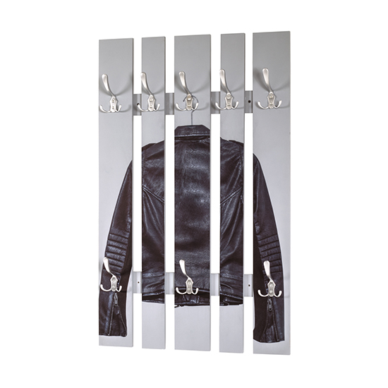 Palos Wooden Wall Hung 8 Hook Coat Rack In Leather Jacket Print