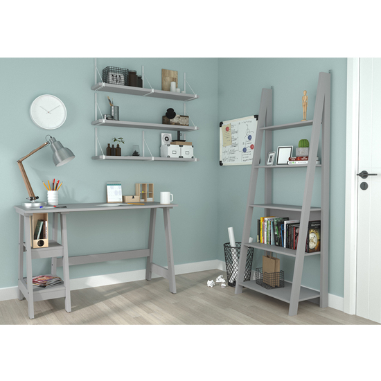 Tarvie Computer Desk In Grey With Ladder Style And Shelving_2
