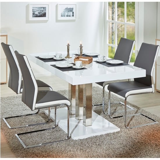 Palzo Dining Table In White Gloss With 4 Marine Grey Chairs Palzo Dining Table In White Gloss With