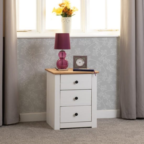 Product photograph of Pavia Bedside Cabinet With 3 Drawers In White And Natural Wax from Furniture in Fashion