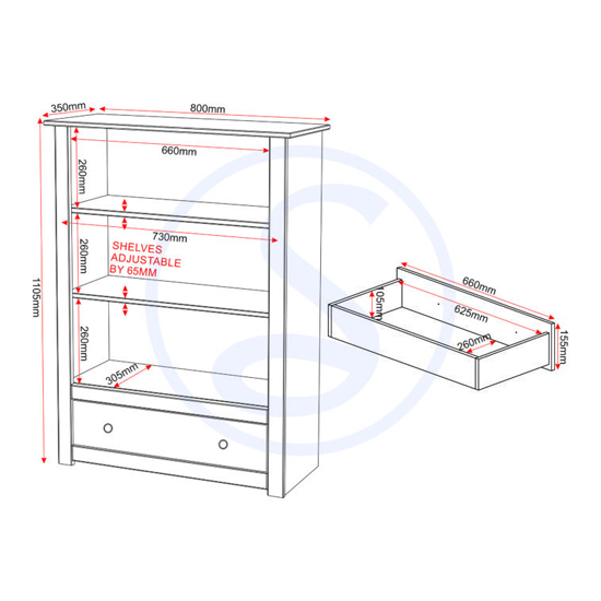 Pavia Bookcase With 1 Drawer In White And Natural Wax