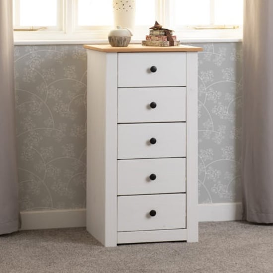 Product photograph of Pavia Chest Of 5 Drawers In White And Natural Wax from Furniture in Fashion