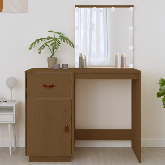 Panas Pinewood Dressing Table In Honey Brown With LED Lights