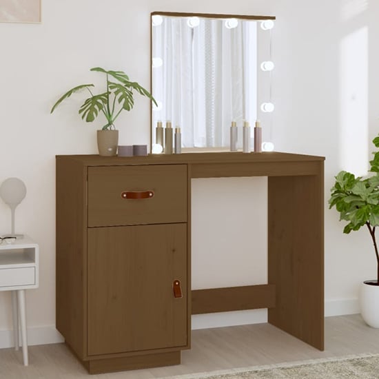 Panas Pinewood Dressing Table In Honey Brown With LED Lights