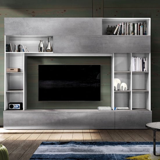 Product photograph of Pandora Large Entertainment Unit In White And Cement Effect from Furniture in Fashion