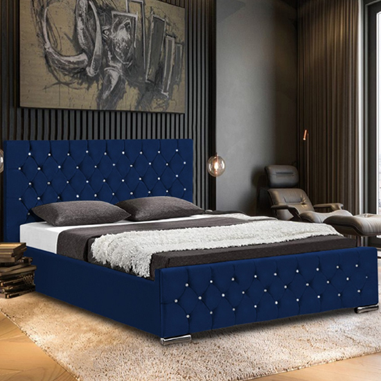 Papillion Plush Velvet King Size Bed In Blue