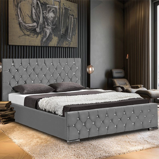 Papillion Plush Velvet Small Double Bed In Grey