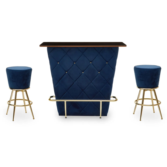 Read more about Paradise wooden bar table with 2 midnight blue velvet stools