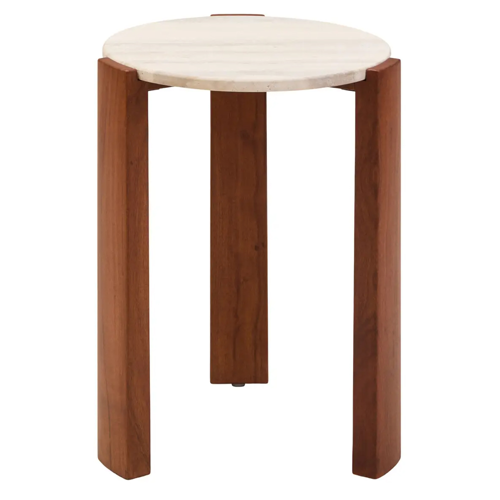 Paramus Cream Travertine Top Side Table With Wooden Legs