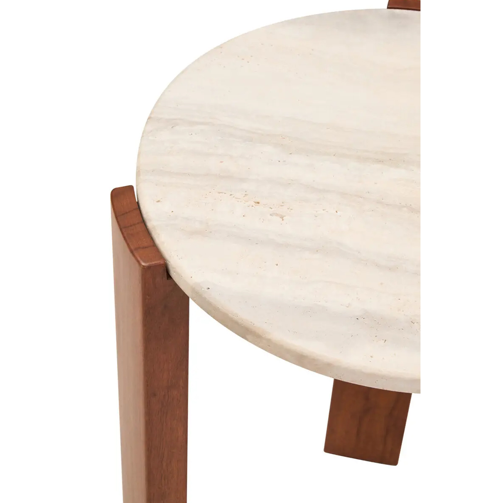 Paramus Cream Travertine Top Side Table With Wooden Legs