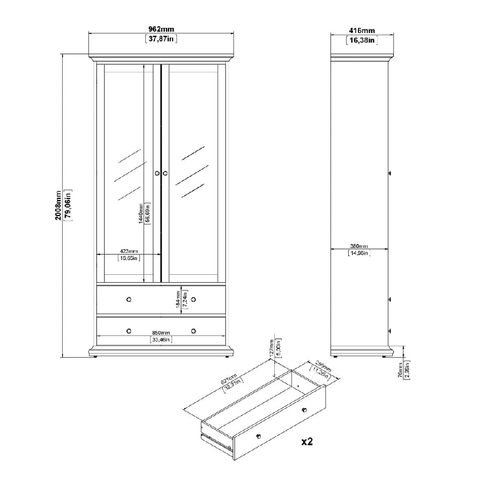 Parayo Wooden Display Cabinet With 2 Doors 2 Drawers In Grey