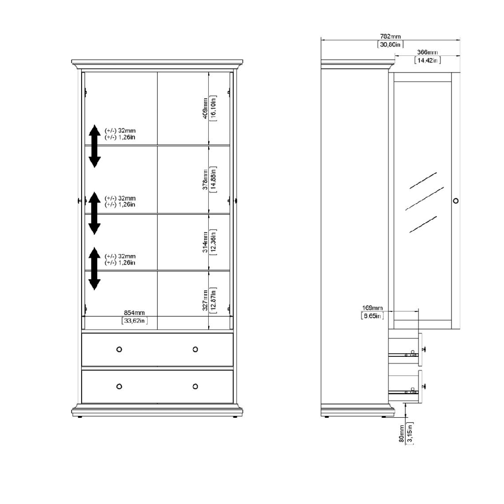 Parayo Wooden Display Cabinet With 2 Doors 2 Drawers In White