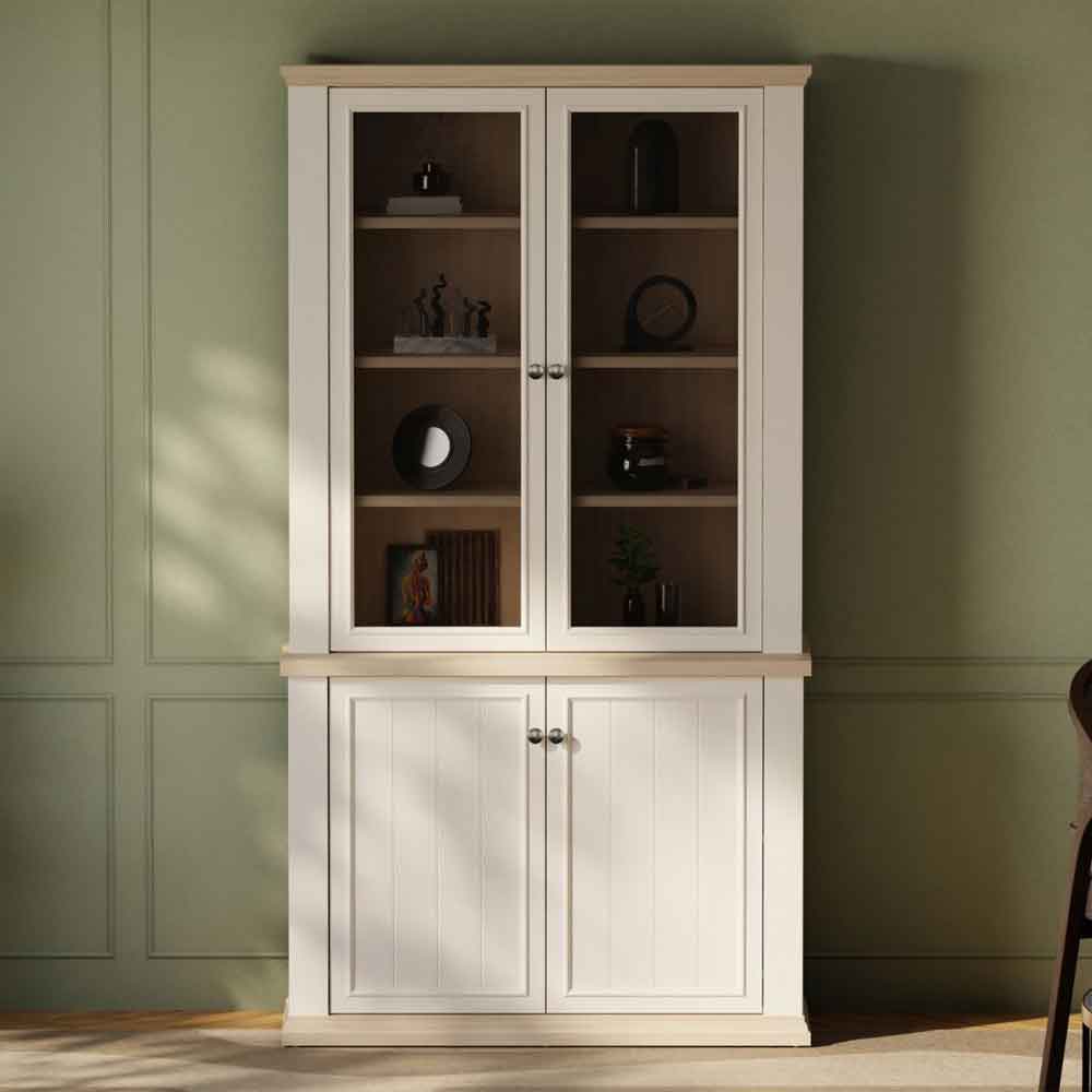 Parenzo Wooden Display Cabinet with 4 Doors in White and Riva Oak