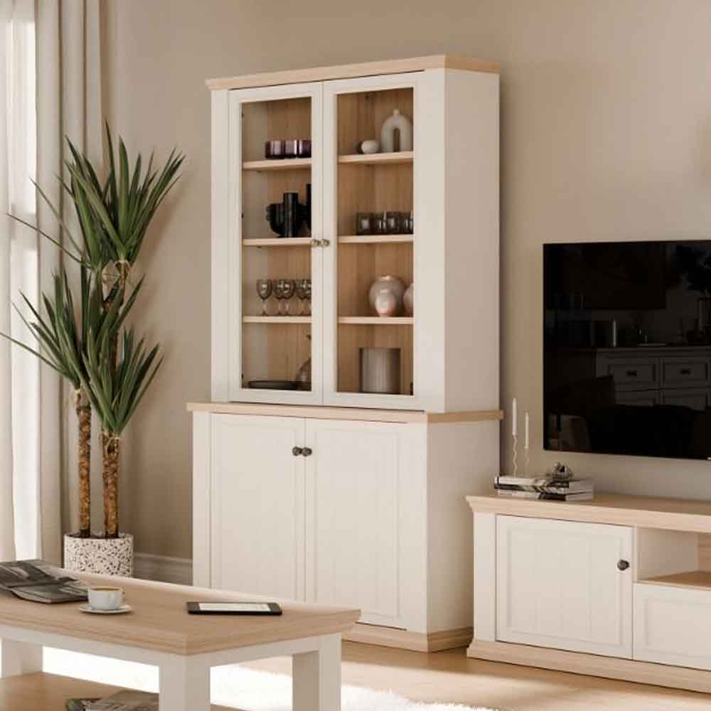 Parenzo Wooden Display Cabinet with 4 Doors in White and Riva Oak