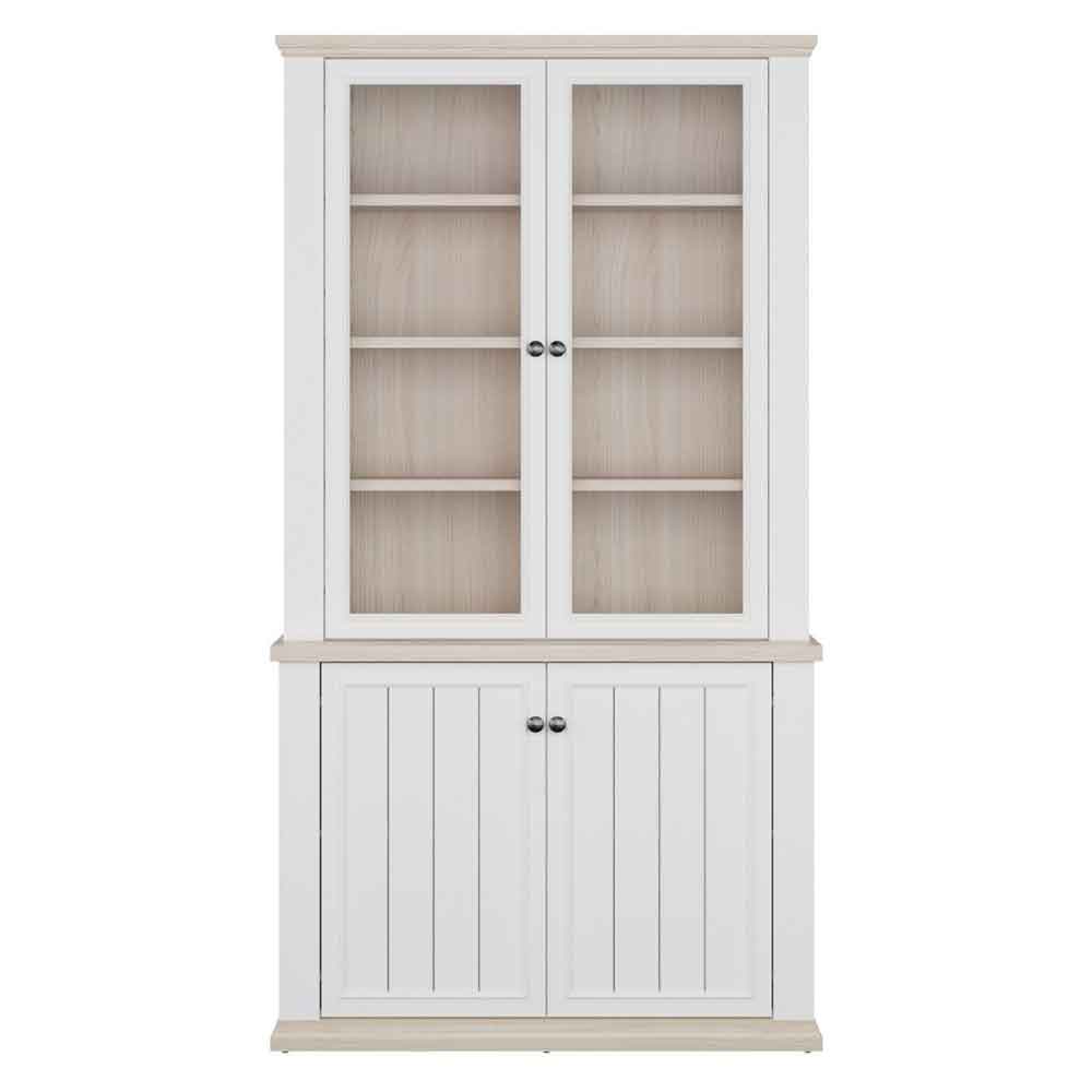 Parenzo Wooden Display Cabinet with 4 Doors in White and Riva Oak