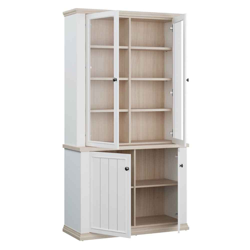 Parenzo Wooden Display Cabinet with 4 Doors in White and Riva Oak