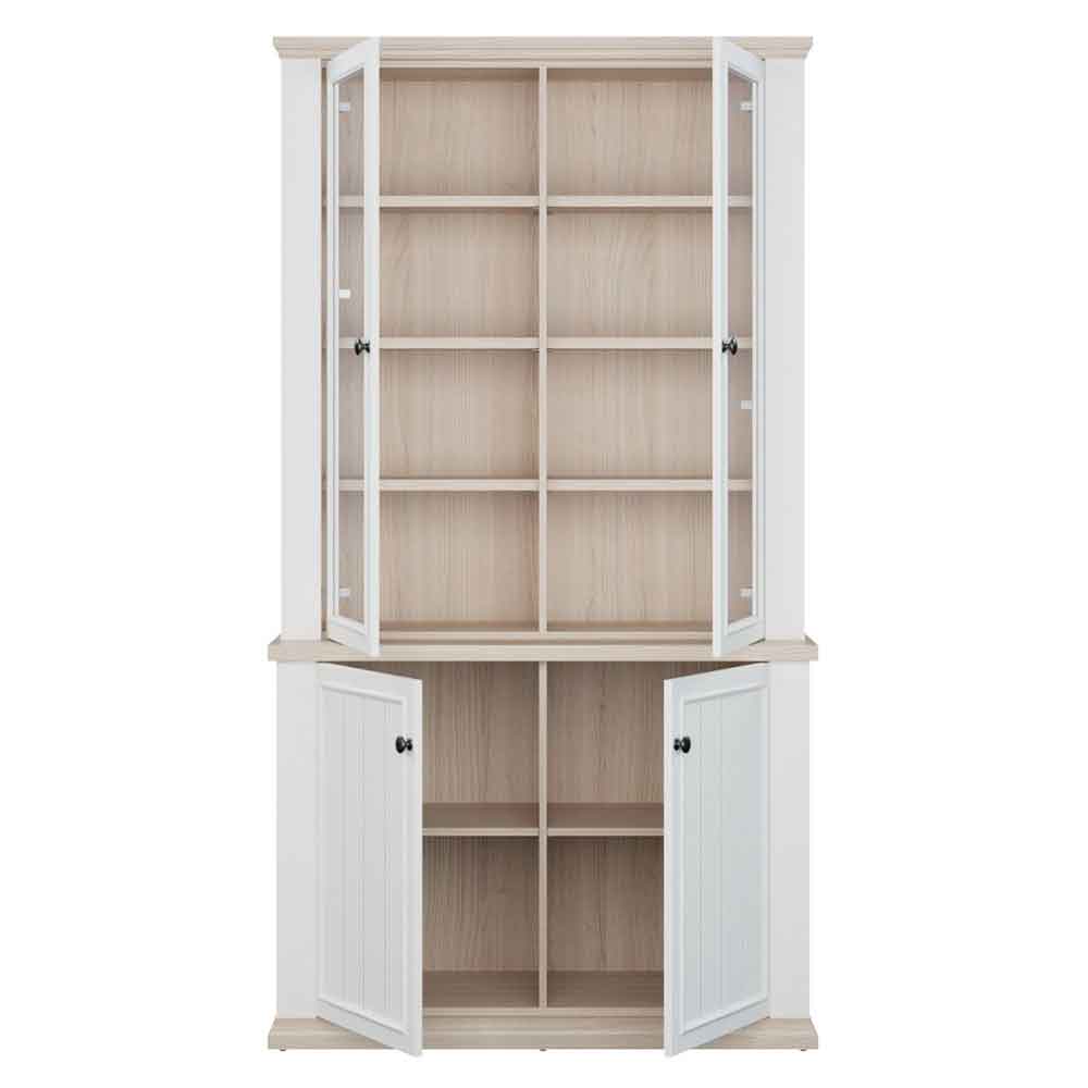 Parenzo Wooden Display Cabinet with 4 Doors in White and Riva Oak