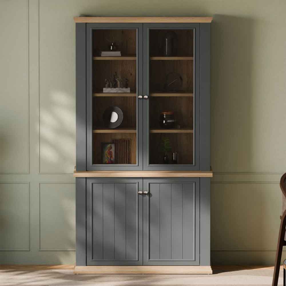 Parenzo Wooden Display Cabinet with 4 Doors in Wolfram Grey and Mauvella Oak