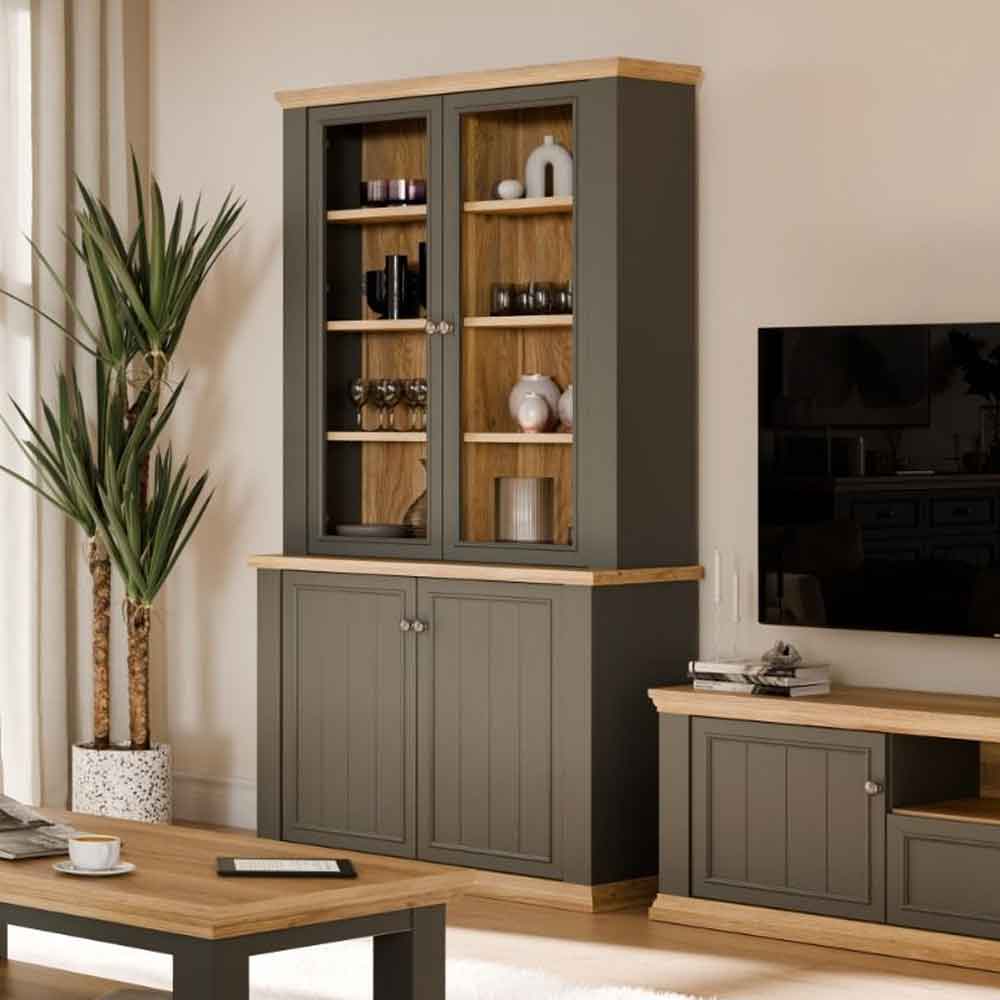 Parenzo Wooden Display Cabinet with 4 Doors in Wolfram Grey and Mauvella Oak