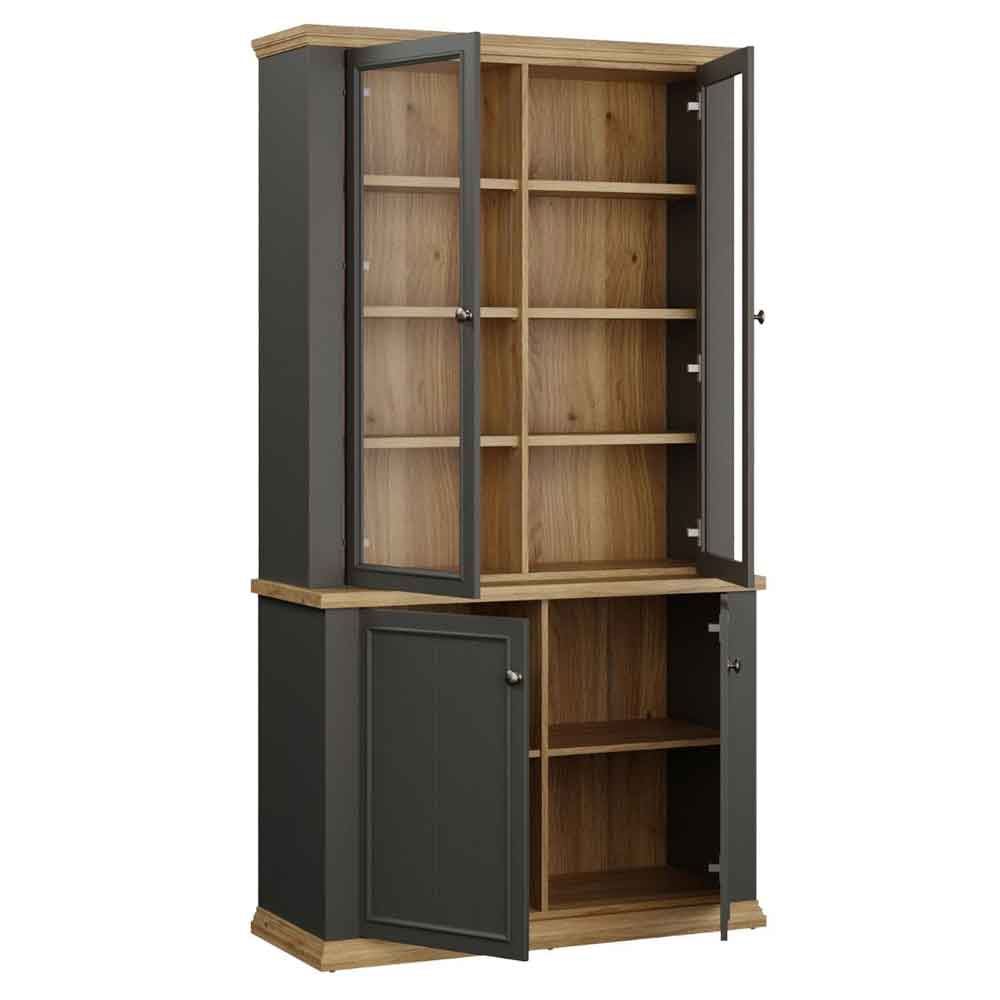 Parenzo Wooden Display Cabinet with 4 Doors in Wolfram Grey and Mauvella Oak