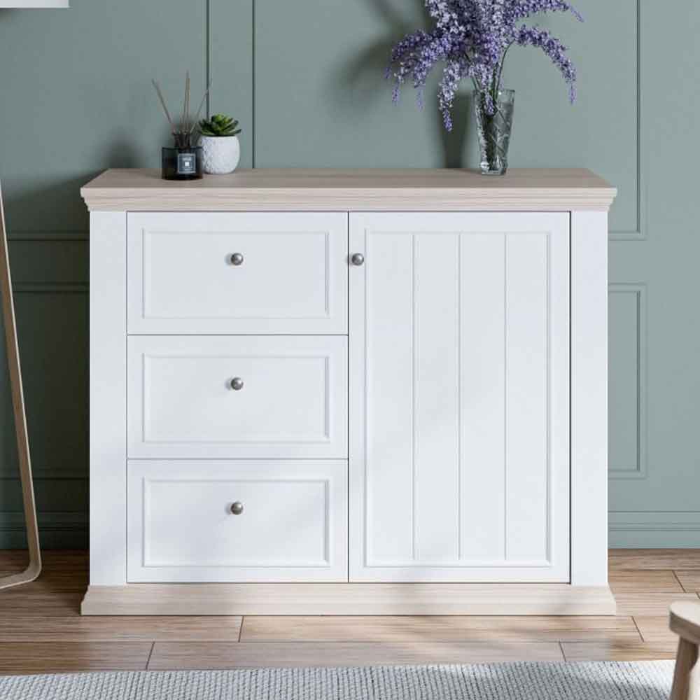 Parenzo Wooden Sideboard with 1 Door 3 Drawers in White and Riva Oak