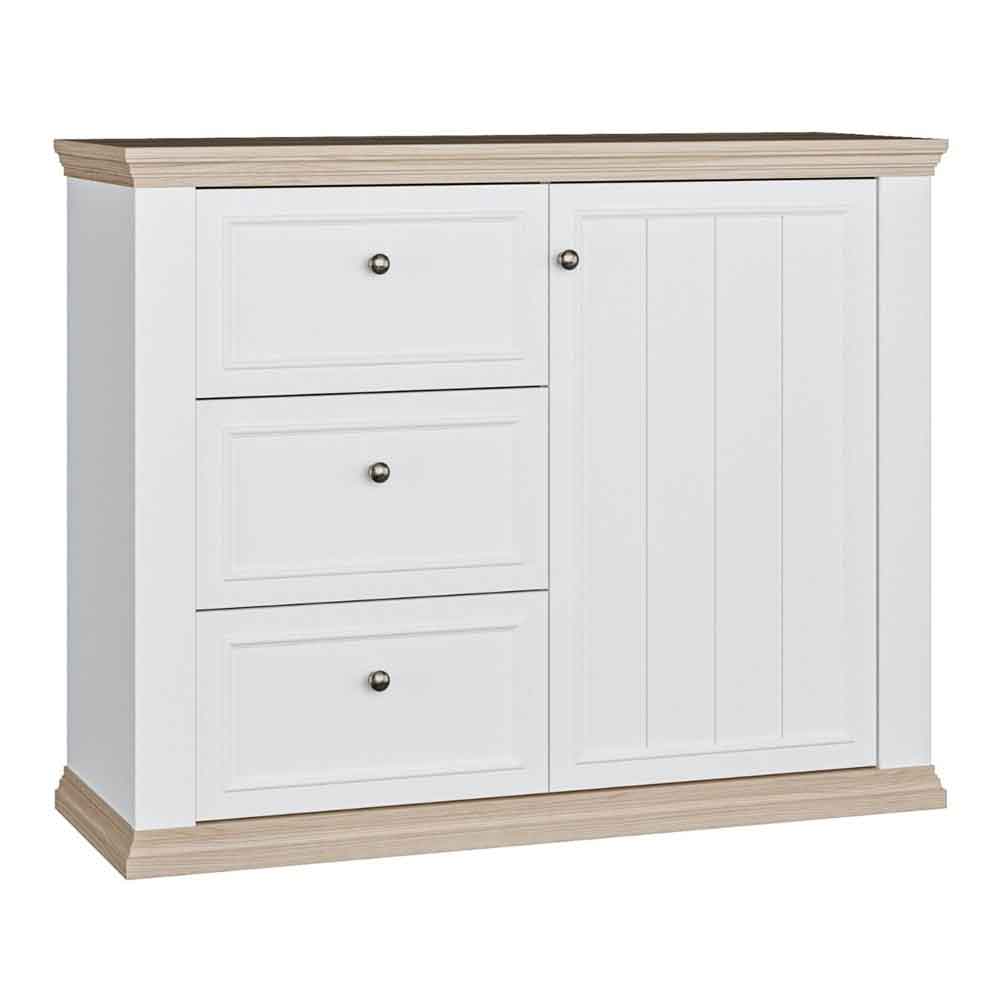 Parenzo Wooden Sideboard with 1 Door 3 Drawers in White and Riva Oak