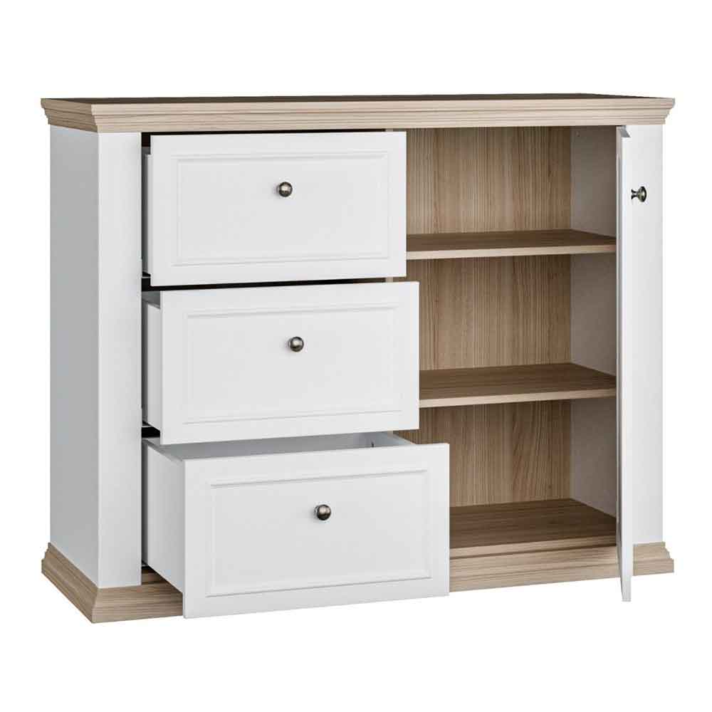 Parenzo Wooden Sideboard with 1 Door 3 Drawers in White and Riva Oak