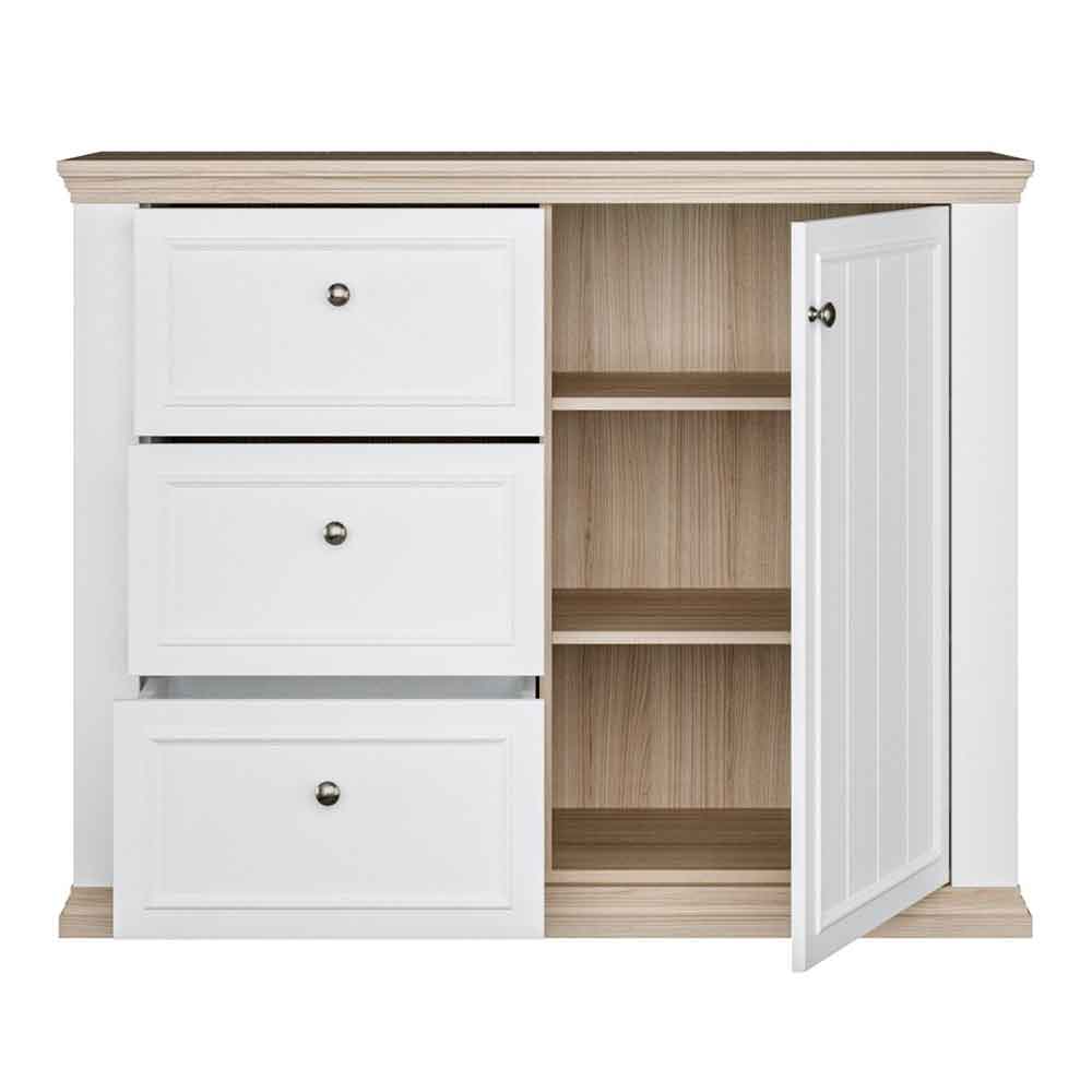 Parenzo Wooden Sideboard with 1 Door 3 Drawers in White and Riva Oak