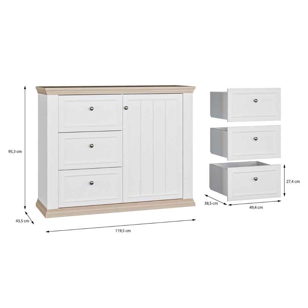 Parenzo Wooden Sideboard with 1 Door 3 Drawers in White and Riva Oak