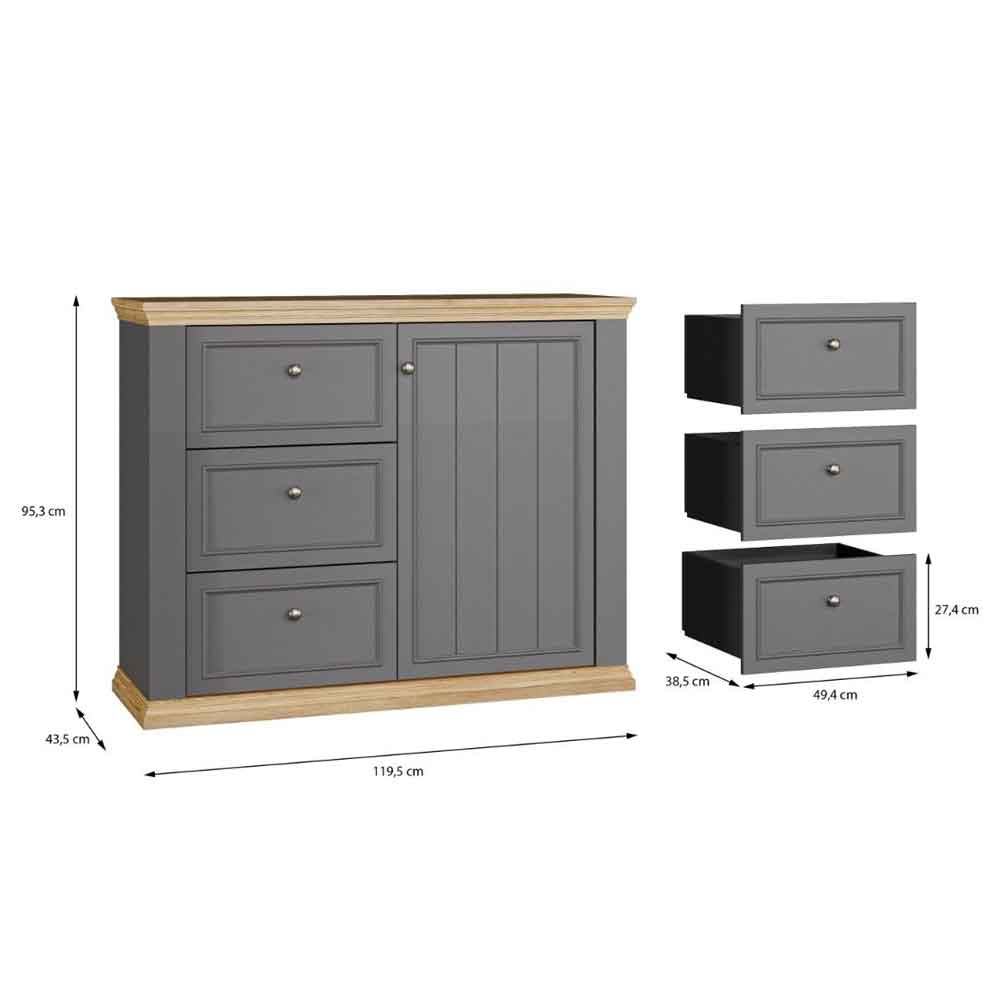 Parenzo Wooden Sideboard with 1 Door 3 Drawers in Wolfram Grey and Mauvella Oak
