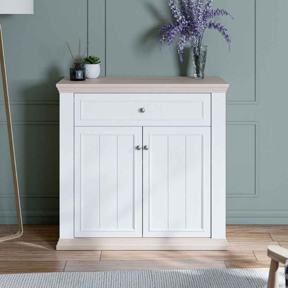 Parenzo Wooden Sideboard with 2 Doors 1 Drawer in White and Riva Oak