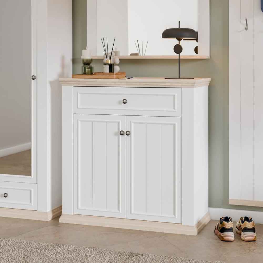 Parenzo Wooden Sideboard with 2 Doors 1 Drawer in White and Riva Oak