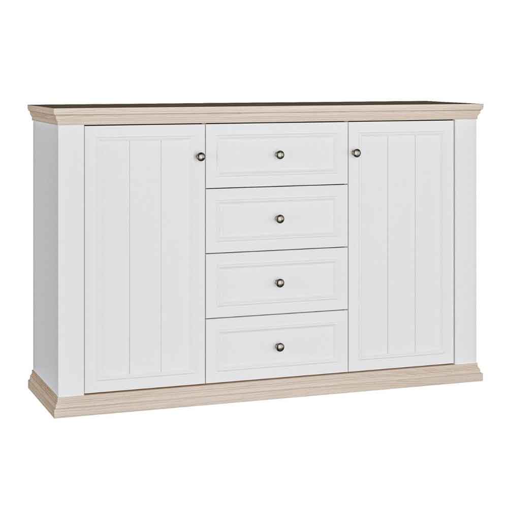 Parenzo Wooden Sideboard with 2 Doors 4 Drawers in White and Riva Oak