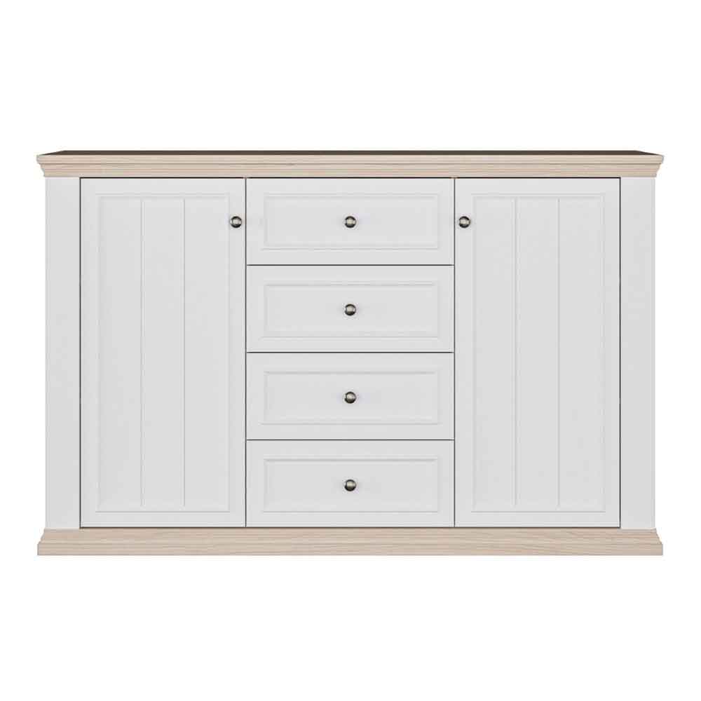 Parenzo Wooden Sideboard with 2 Doors 4 Drawers in White and Riva Oak