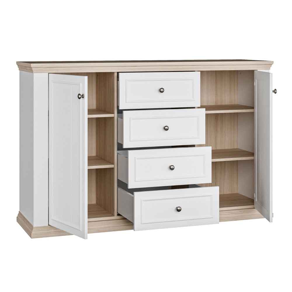 Parenzo Wooden Sideboard with 2 Doors 4 Drawers in White and Riva Oak