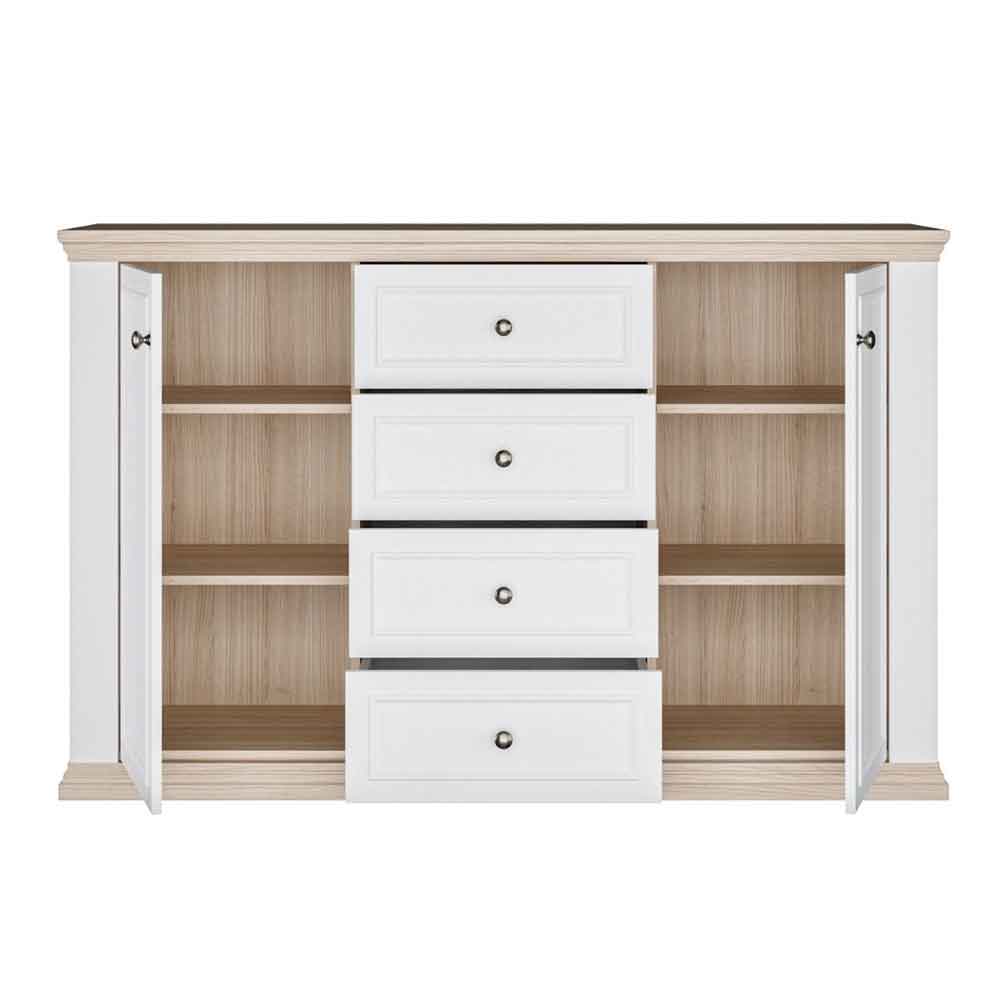 Parenzo Wooden Sideboard with 2 Doors 4 Drawers in White and Riva Oak