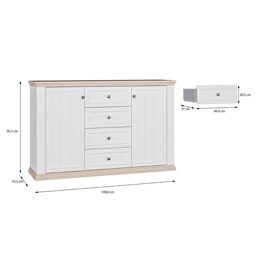Parenzo Wooden Sideboard with 2 Doors 4 Drawers in White and Riva Oak