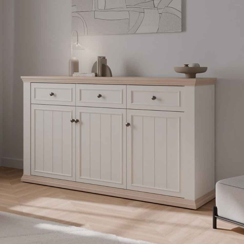 Parenzo Wooden Sideboard with 3 Doors 3 Drawers in White and Riva Oak
